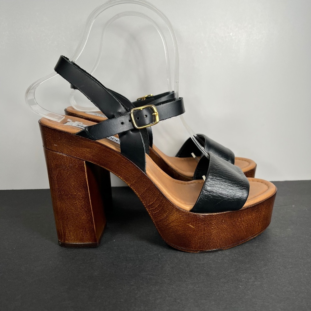 Steve Madden Laurisa Leather Wooden Platform Open Toe Heel Sandals Womens 9